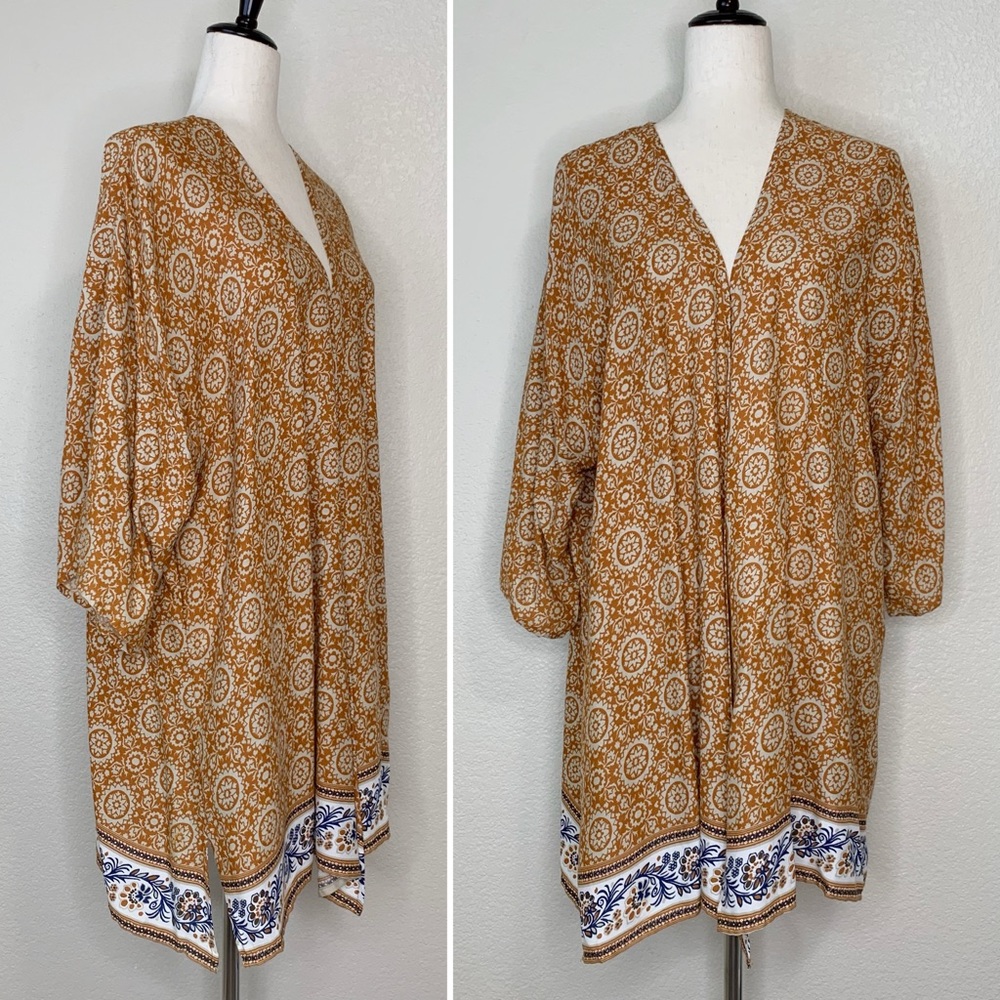 “Woman Within” Golden Mustard Medallion Print Open Cardigan with Blue Border